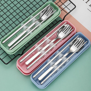 Portable tableware 304 stainless steel spoon Fork chopsticks three-piece simple student dormitory tableware set Wholesale