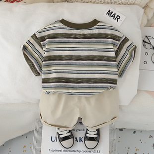 Boys' Summer suit New Round Neck Striped Korean Style Children's Short-Sleeved suit Summer Two-Piece T-Shirt