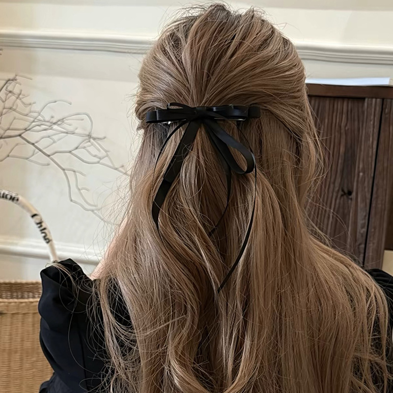 Exquisite black ribbon ballet-style hair accessory, new bow-knot streamer hair clip for women, high-end simple hair ornament
