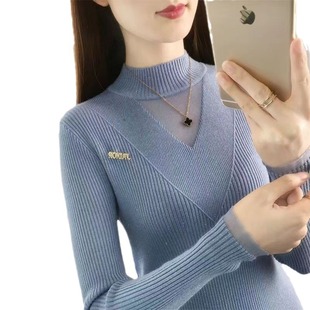 Top for women 2023 new autumn and winter slim-fit half turtleneck lace Western style sweater long sleeve knitted bottoming shirt trendy