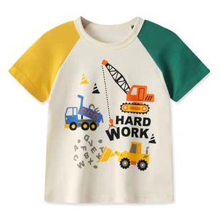 New Summer Boys Short-sleeved T-shirt Engineering Vehicle Moto Pattern Baby Spring and Autumn Thin Middle-sleeved Shirt Base Shirt