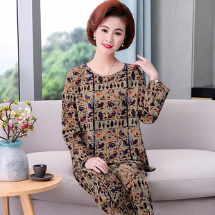 Cotton Linen Middle-aged and Elderly Mother Pajamas Spring and Autumn Round Collar Plus Size 100.00kg 150.00kg Loose Women's Long-sleeved suit