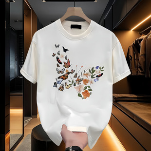 Trendy Brand T-Shirt 2024 Trendy Brand Sports New Men's Loose Large Size Round Neck Printed Internet Celebrity Base Top