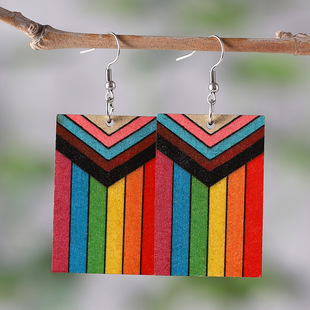 Cross-border Amazon Rainbow Summer Love Geometric Simple Multicolor Earrings Long Wooden Double-sided Earrings