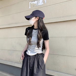 Foreign Trade Cross-border 2025 New Irregular Raglan Sleeve Short T-shirt Women's Summer Slim-fit Short Sleeve Inner Top Ins