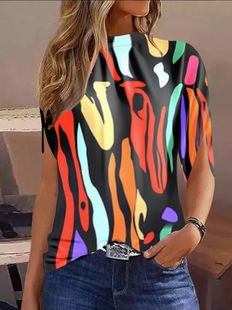 2023 foreign trade cross-border new women's casual round neck regular pullover digital printing shirt shirt for women