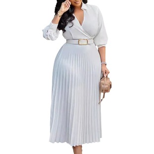 Amazon 2024 foreign trade new summer European and American women's cross-border solid color plus size cross-border dress
