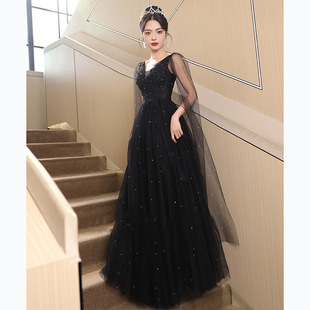 Evening Dress for Women, Banquet Style, Light Luxury, Niche High-End, Artistic Black Choir Performance Long Dress