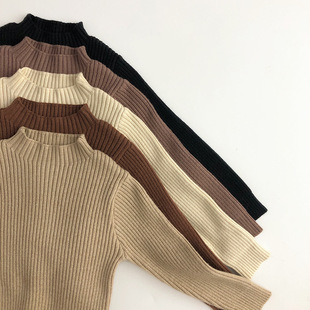 Earth color ~ skin-friendly elasticity ~ Korean version of children's half turtle neck sweater pit strip men's and women's treasure slim knit T-shirt backing