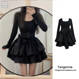 Hepburn Style Black dress Women's Spring Lolita Pure Desire High-end Retro Tight Waist Square Collar Puff Small Black Dress