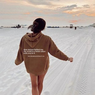 European and American Women's Shoulder fleece-lined Hooded Sweatshirt Letter Slogan Printed Kangaroo Pocket Drawstring Printed Oversize
