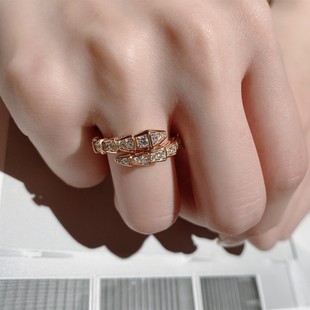 Baoge Seiko V Gold Electroplated Full Diamond Snake Bone Ring for Women in Light Luxury Elegant White Fritillaria Snake Open Ring