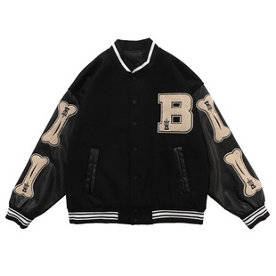 European and American Fashion Brand Hip-Hop Flocking Printed Baseball Suit Jacket Men's Street Loose PU Leather Stitching Jacket Women's Instagram Style Autumn