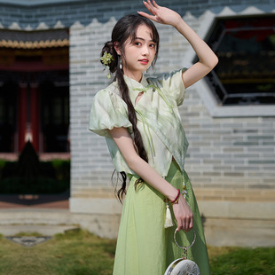 Хорошее качество китайского стиля Hanfu стоячий воротник жаккарда с короткими рукавами топы с ретро-юбкой из двух частей
