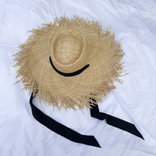 Cross-border Big Eave Fried Raffia Beach Straw Hat Beach Hat Ribbon Folding Windproof Strap Women's Sun Hat