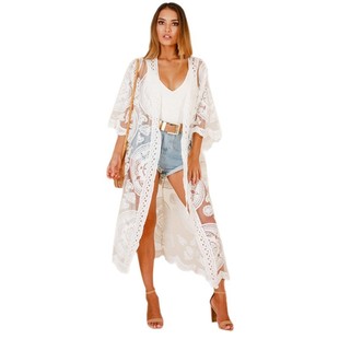 2024 Bohemian Style Loose Embroidered Lace Bikini Mesh Cardigan Beach Long Sunscreen Shirt