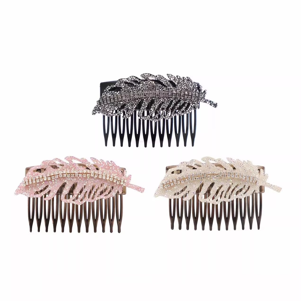 Light Luxury, Exquisite and Fashionable Side Bangs Clip, Inverted Comb, Feather Rhinestone Hair Comb, Elegant Style, High Crown Black Hairpin