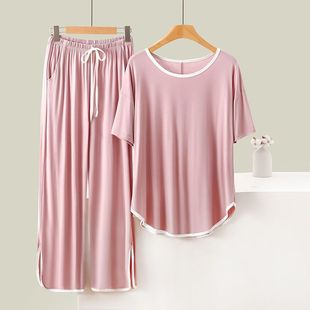 Summer new 300kg extra large size solid color short sleeve trousers home clothing crew neck thin loose two-piece suit women