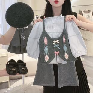 Cream Family Korean Children's Wear Girls Autumn suit 2024 New Children's Bow Vest Shirt Bell Pants Trendy