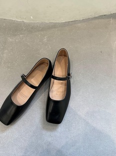French Niche Square Toe silver Leather Shoes Spring Low Heeled Chunky Heeled Shallow Mouth Mary Jane Shoes Women