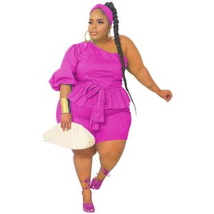 M8906 Cross-border European and American Large Size Women's Multi-color Fashion Sexy Shoulder Ruffled Lace-up Two-piece Set