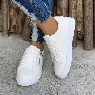 Cross-border Women's Flat Shoes European and American plus size Board Shoes Fashionable All-match Leather Side Zipper White Casual sneaker Women