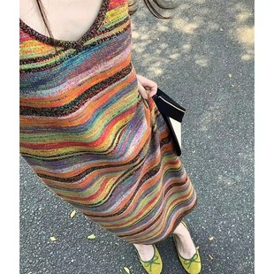 French Style Beautiful Sleeveless Knitted dress Women's Summer Design Sense Colorful Striped Belly Covering Vest Long Dress