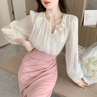 French Style Gentle Pearl Crewneck Long Sleeve Shirt Women's Spring Design Sense Three-dimensional Flower Lantern Sleeve Chiffon Small Shirt Top