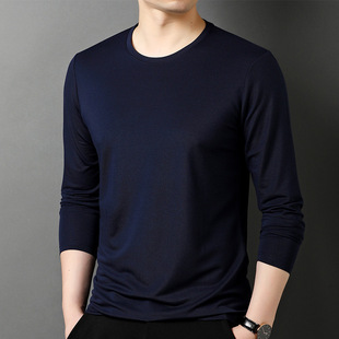 2025 Spring and Autumn New Solid Color V-neck Long Sleeve T-shirt with Mulberry Silk for Young and Middle-aged High-end Men's Base Shirt for Dad
