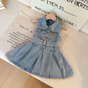 Denim Skirt Petticoat Pleated Skirt Fashion Stylish Spring and Summer Girl's Strap Skirt Denim Skirt Sleeveless Child 5X001