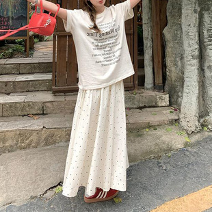 Thirteen-line Wave Dot-elastic High Waist Skirt Women's Fresh Artistic Retro Gentle Style Mid-length Casual A- line Skirt