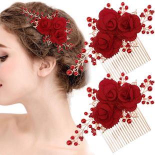 Toast Dress Bride Hair Comb Headwear Crystal White Flower Imitation Pearl Handmade Red Hair Insert Wedding Comb Accessories
