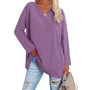European and American oversized women's T-shirt 2022 Amazon foreign trade new multi-color loose shoulder sleeve V-neck solid color women's top