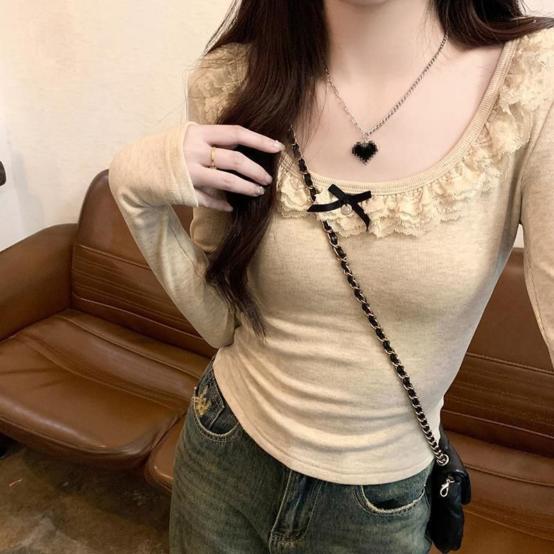 Lace French Ballet Style Bottoming Shirt T-Shirt Women's U-Neck Bow Long-Sleeved Inner Autumn Short Top