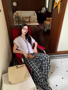 2468# District Ouyang Plaid Casual Pants Summer Loose Wide Leg Pants High Waist Straight Pants Dragging Pants