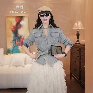 American-style Hong Kong-style Wash Denim Short Coat Women's Removable Waist Lace-up Cardigan 2025 Spring New Cake Skirt Two-piece Set