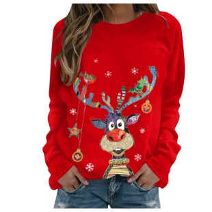 2024 European and American fashion Christmas 3D digital printing long-sleeved T-shirt women's new cartoon round neck pullover top