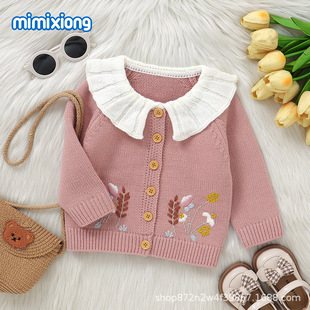 INS Hot Selling Autumn and Winter New Baby Lapel Stereo Wheat Ear Embroidered Knitted Coat Baby Girl All-match Top