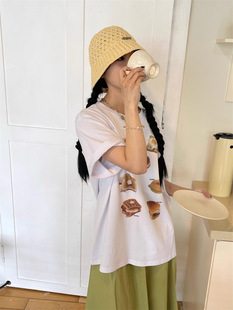 XR0251 (Pure Cotton 220g Combed Tight Sailor) Girl Style Fun Cartoon Dessert Printed Short Sleeve T-shirt