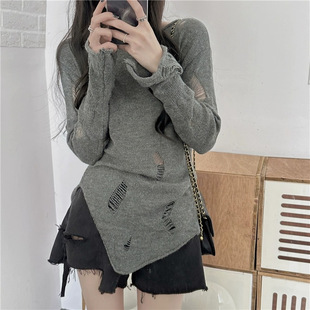 Autumn Hole Hole Long-sleeved Sweater Women's Fashion New Design Sense Niche Slim-fit Sweater Thin Top