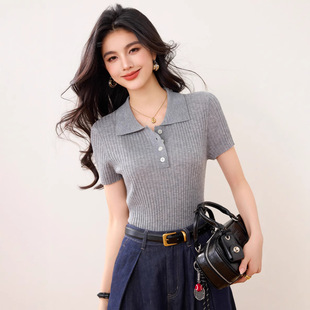 POLO Collar Slim-fit Short-sleeved Knitted Sweater Women's Summer Thin Pullover Inner Wearing Outer Wearing Short T-shirt Base Top Blue