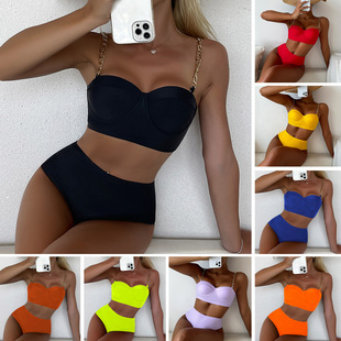 2023 New European and American bikini Swimwear Women's Sexy Pure Black Split High Waist Belly bikini Swimsuit