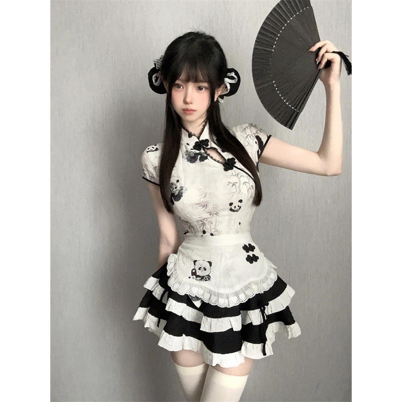 Cute Girl's New Chinese Style Panda Print Top High Waist Slimming Fluffy Cake Skirt Maid Apron Suit