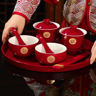 Tea Cup wedding bowl wedding change a pair of red toast tea set bowl and chopsticks suit dowry supplies