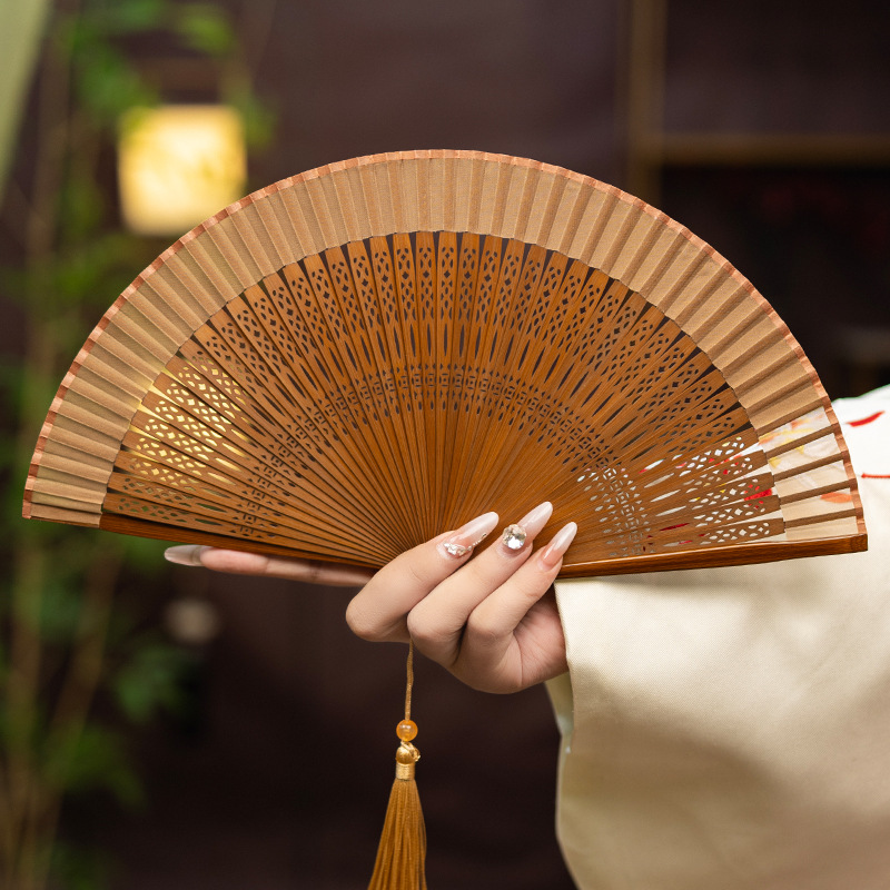 Chinese Style Hanfu Portable Mini Folding Fan Solid Color Hollow Carving Plain Elegant Summer Daily Use Small Fan