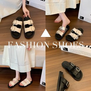 Showing White silver ~ Thick Bottom Casual Sandals and Slippers Women's Summer Net Infrared Wear Fashion All-match Belt Buckle One-line Slippers for Women