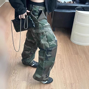 2025ss new American style hot girl retro overalls pants high waist wide leg cross big pocket camouflage pants