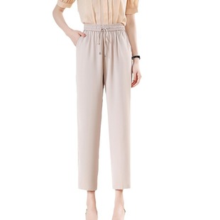 Middle-aged and elderly mothers summer lace-up elastic pants 2024 Summer new 40-50 years old mother loose draping pants
