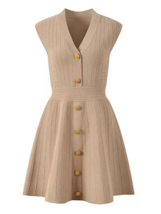 Cross-Border Women's Fashion Socialite V-Neck Metal Buckle Short Dress Summer Sleeveless Tank Dress Vertical Ribbed Tight Knit Dress