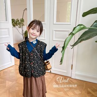 Пасторальный стиль ~ Южная Корея детская одежда для девочек осень и зима ретро веер стеганый цветочный хлопковый жилет двух цветов